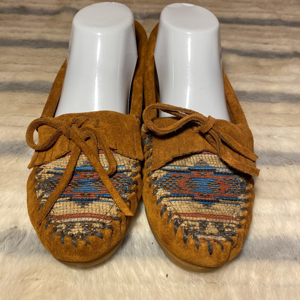 Minnetonka Tan Moccasins with Woven Pattern